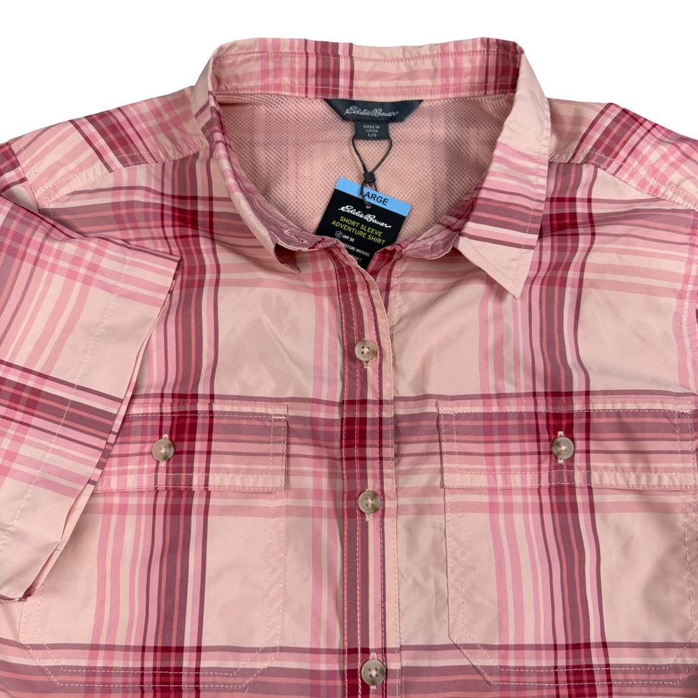 Eddie Bauer Womens Pink Plaid Short Sleeve Adventure Shirt UPF 50 Large EB004068